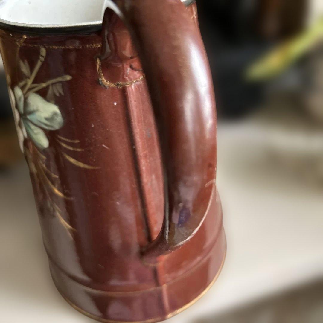 フランスイギリスアンティークホーローポット琺瑯ホウロウ手描き手書きエナメル茶色