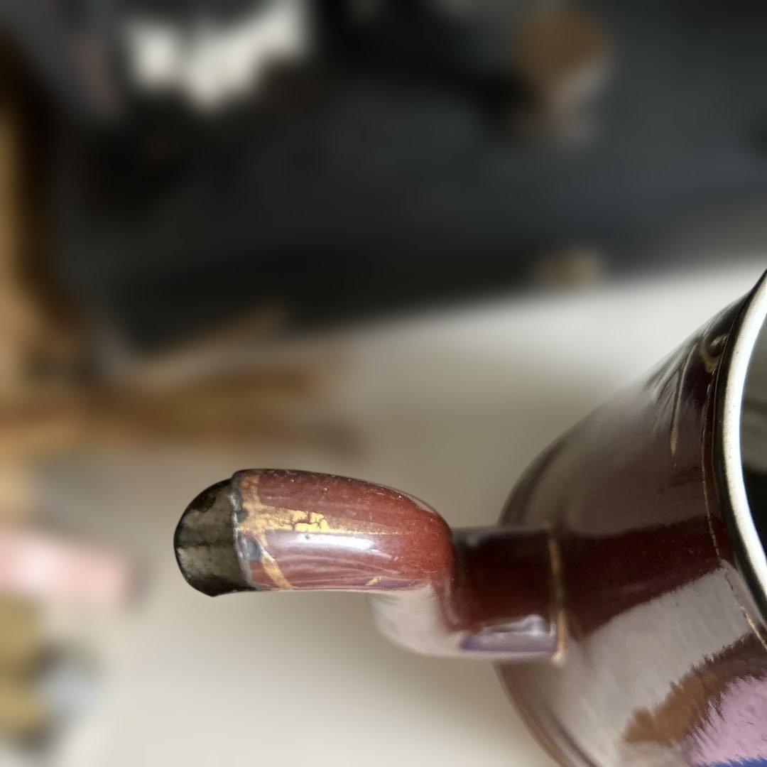 フランスイギリスアンティークホーローポット琺瑯ホウロウ手描き手書きエナメル茶色