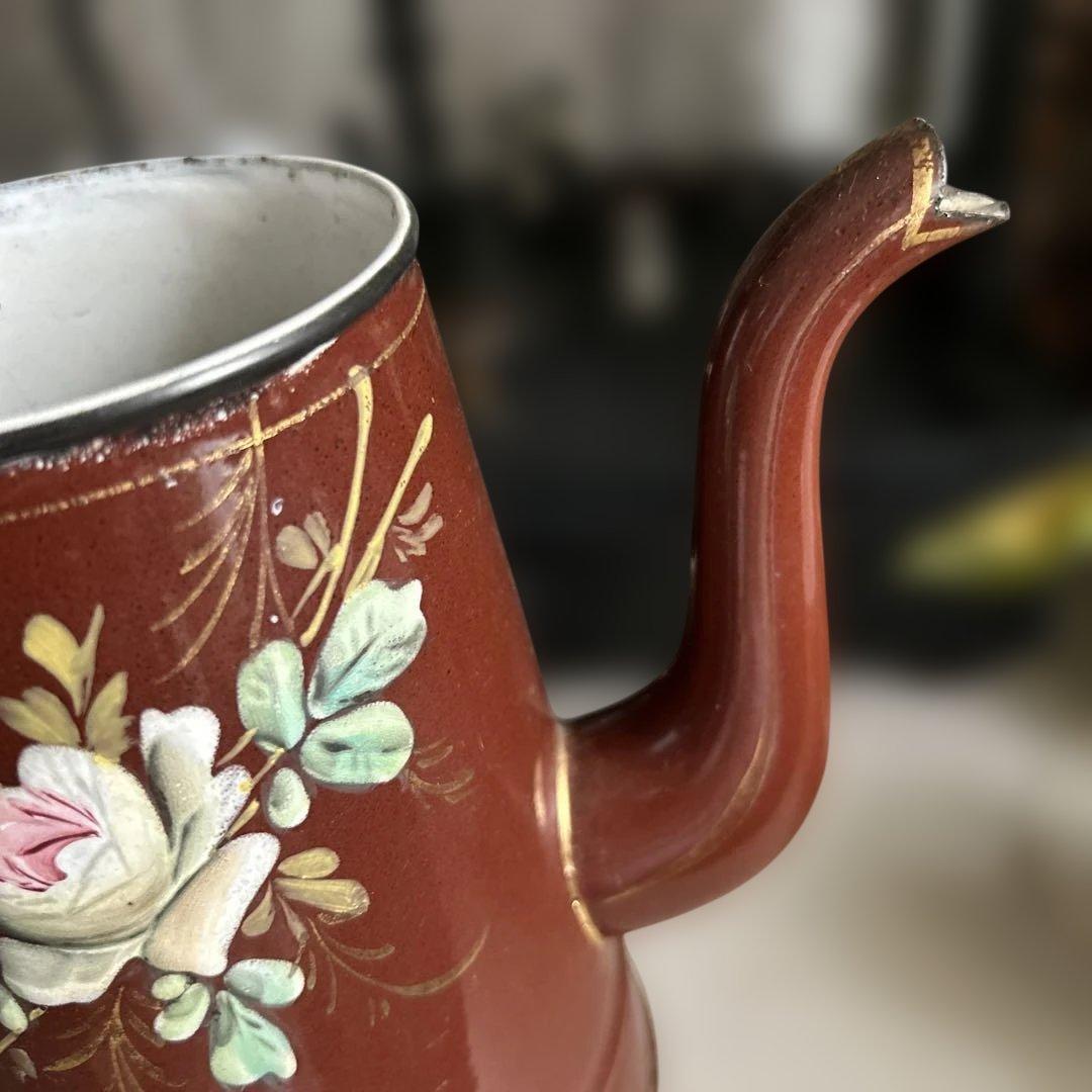 フランスイギリスアンティークホーローポット琺瑯ホウロウ手描き手書きエナメル茶色