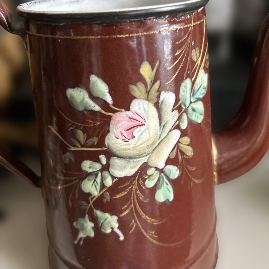 フランスイギリスアンティークホーローポット琺瑯ホウロウ手描き手書きエナメル茶色