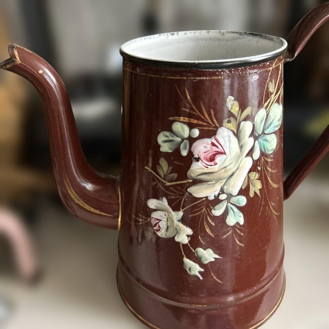 フランスイギリスアンティークホーローポット琺瑯ホウロウ手描き手書きエナメル茶色