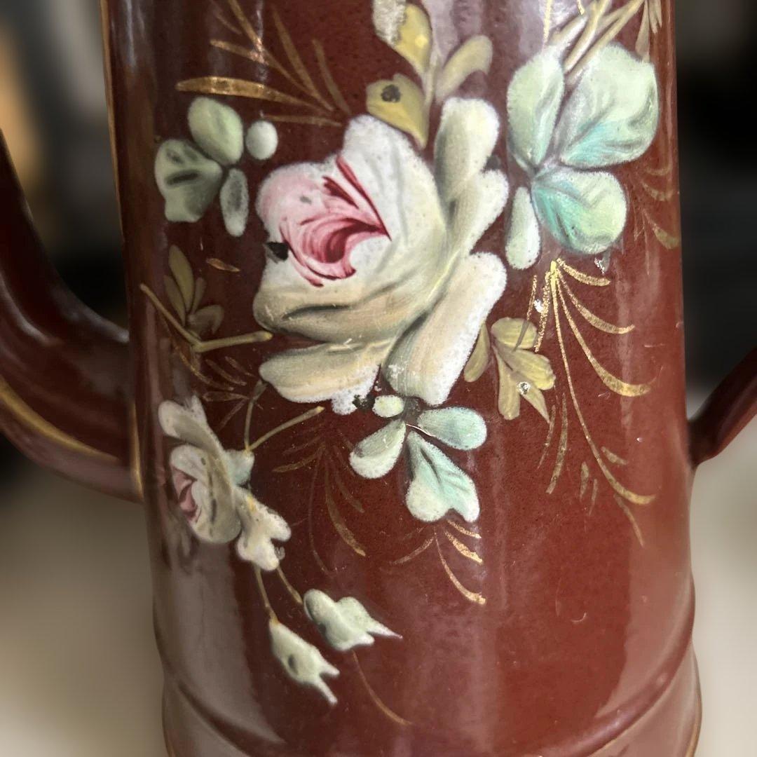 フランスイギリスアンティークホーローポット琺瑯ホウロウ手描き手書きエナメル茶色