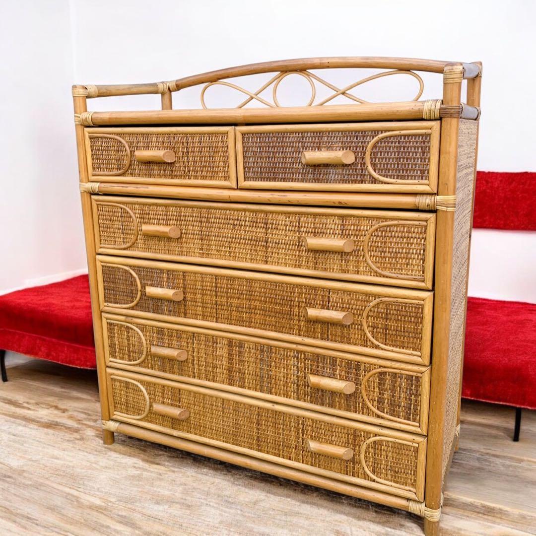 【送料込】ビンテージ バンブーラタンチェスト 籐家具 5段 引出し6杯 収納家具