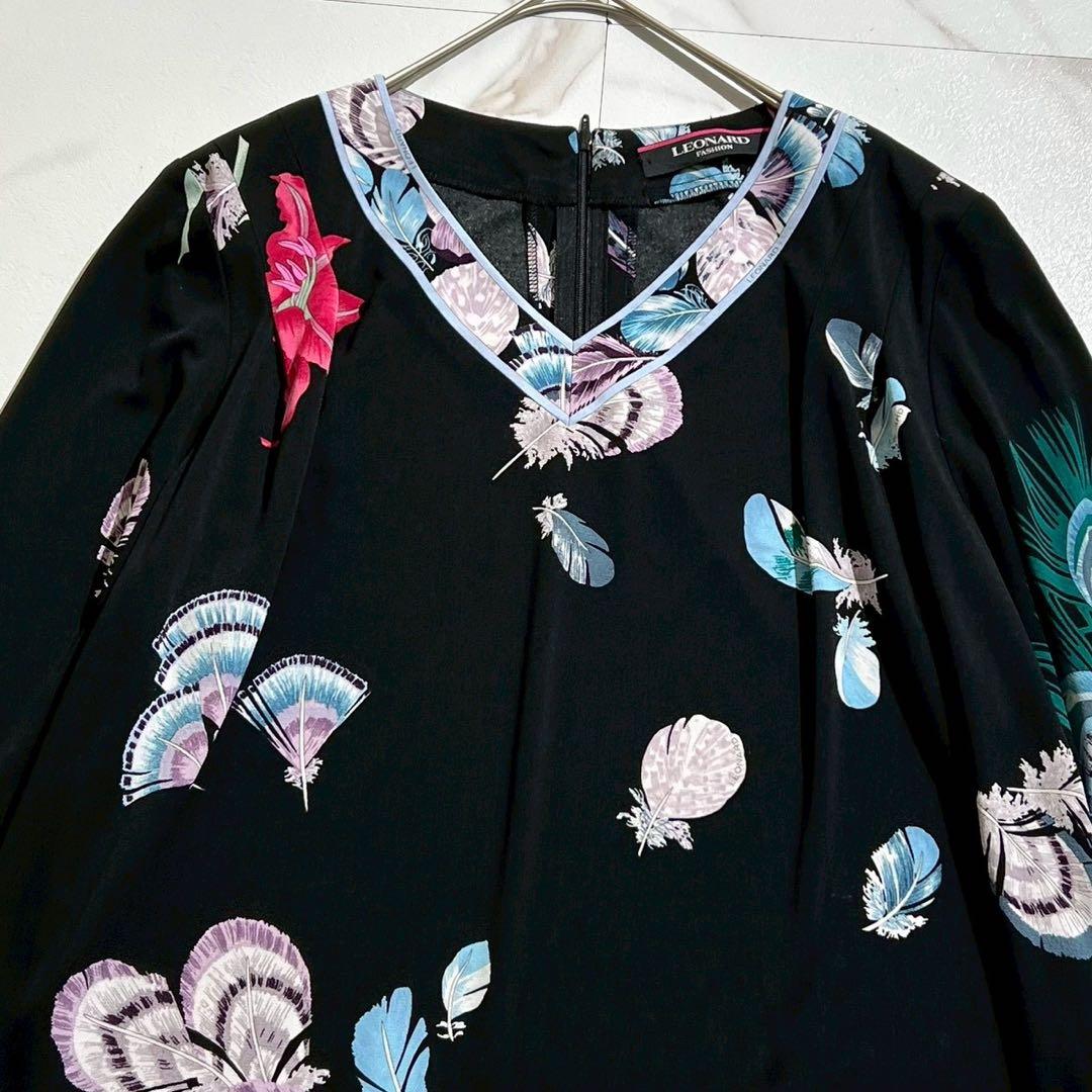 極美品✨レオナール カンカン素材 チュニック フェザー柄 花柄 ブラック 40