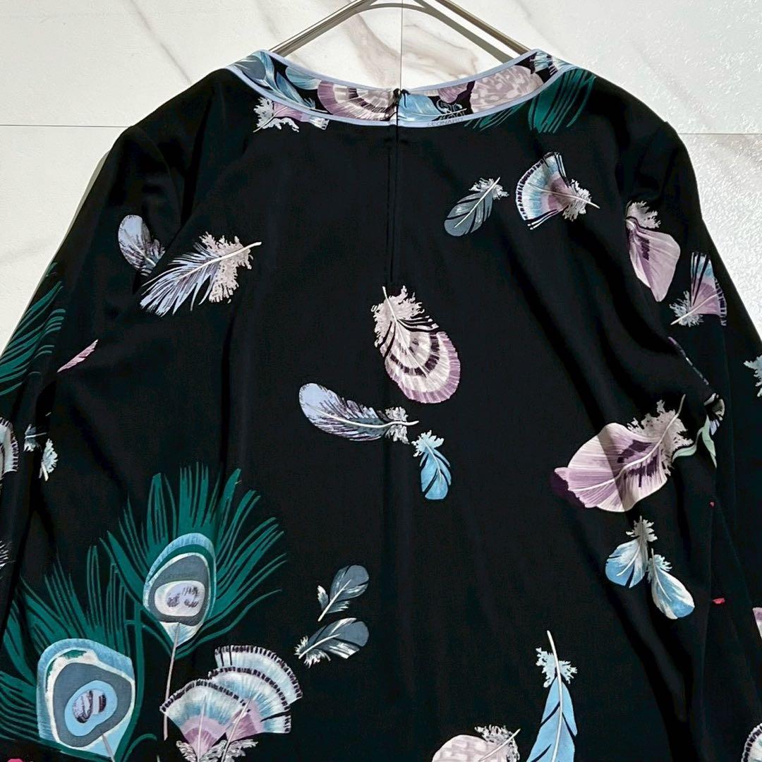極美品✨レオナール カンカン素材 チュニック フェザー柄 花柄 ブラック 40
