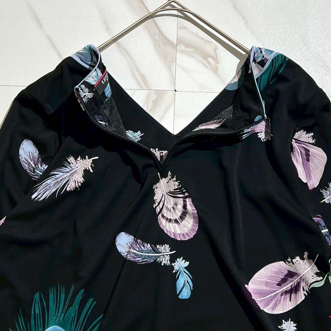 極美品✨レオナール カンカン素材 チュニック フェザー柄 花柄 ブラック 40