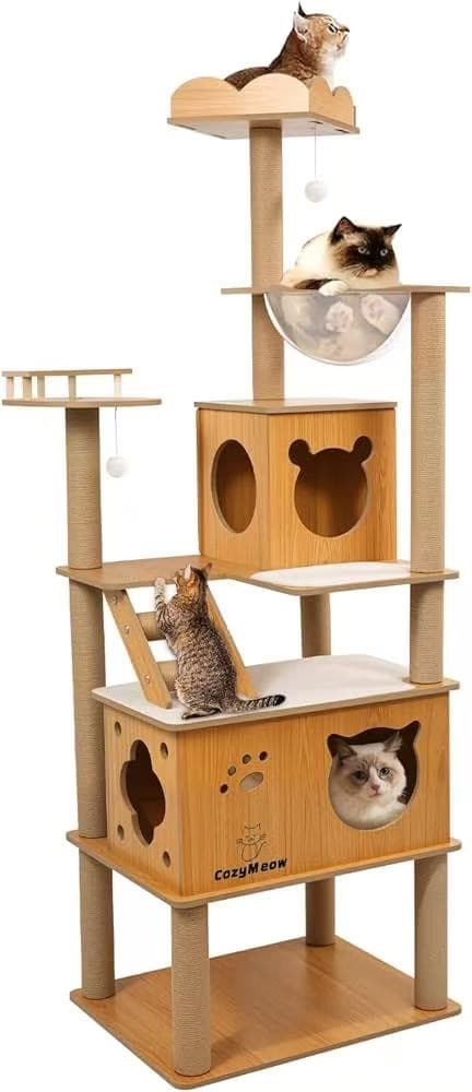キャットタワー 木製 スリム 宇宙船 据え置き 厚さを増した板材 キャットハウス