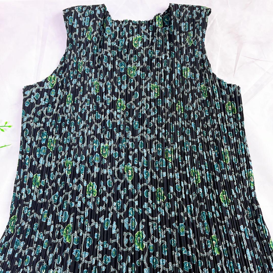 極美品✨イッセイミヤケ フェット プリーツワンピース 総柄 花柄 緑 2