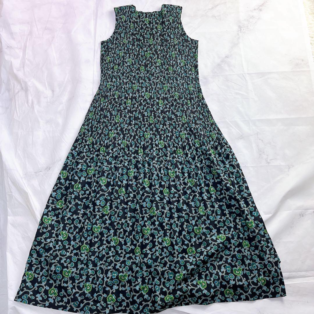 極美品✨イッセイミヤケ フェット プリーツワンピース 総柄 花柄 緑 2