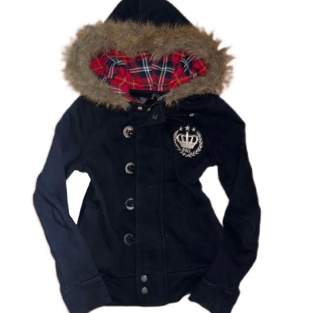 リズリサドール赤黒チェックファーパーカー☆冠星刺繍y2k金ボタン平成ロリギャル