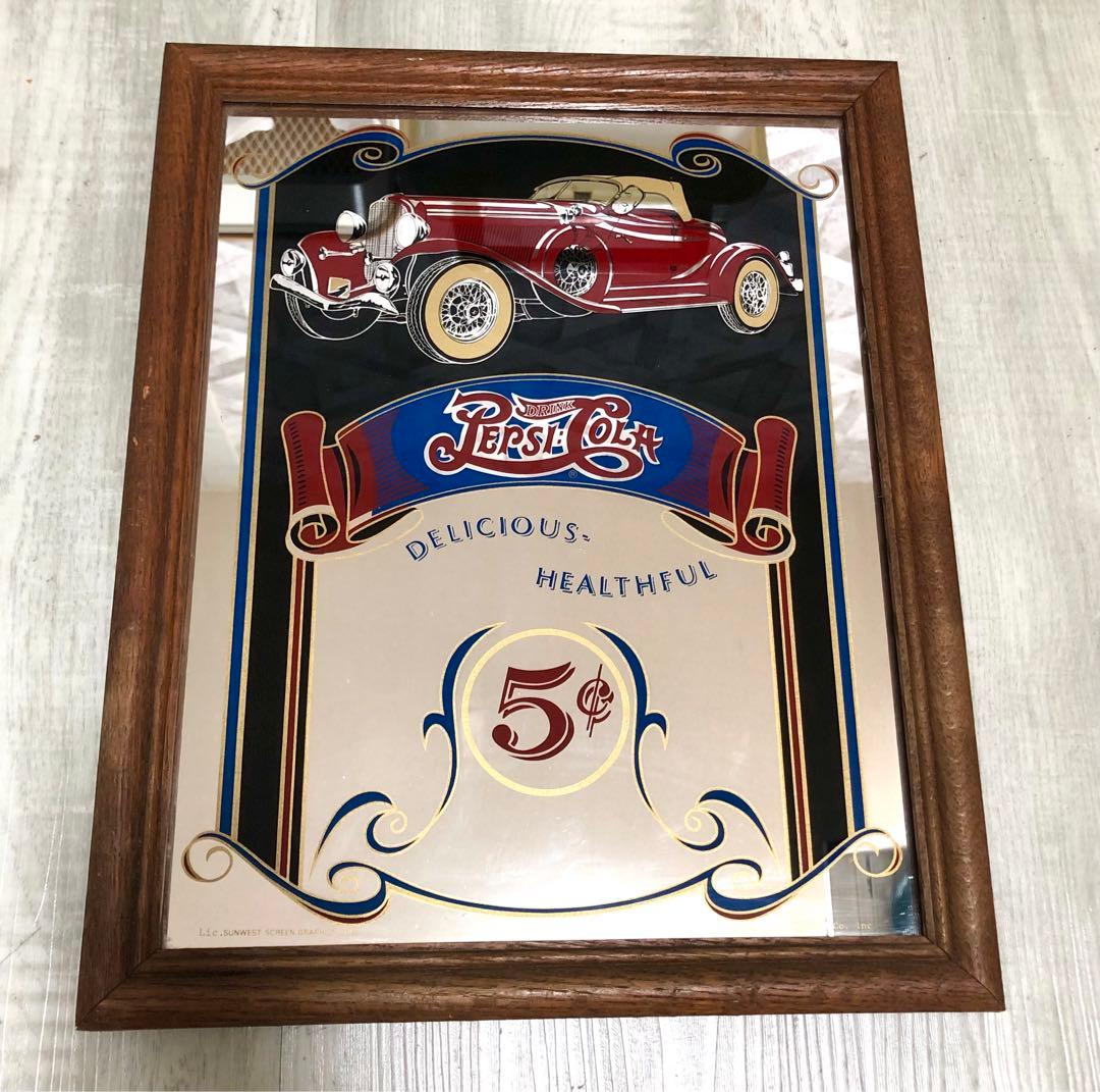 アメリカUSAビンテージペプシコーラ木枠フレームパブミラーバーサイン鏡40cm