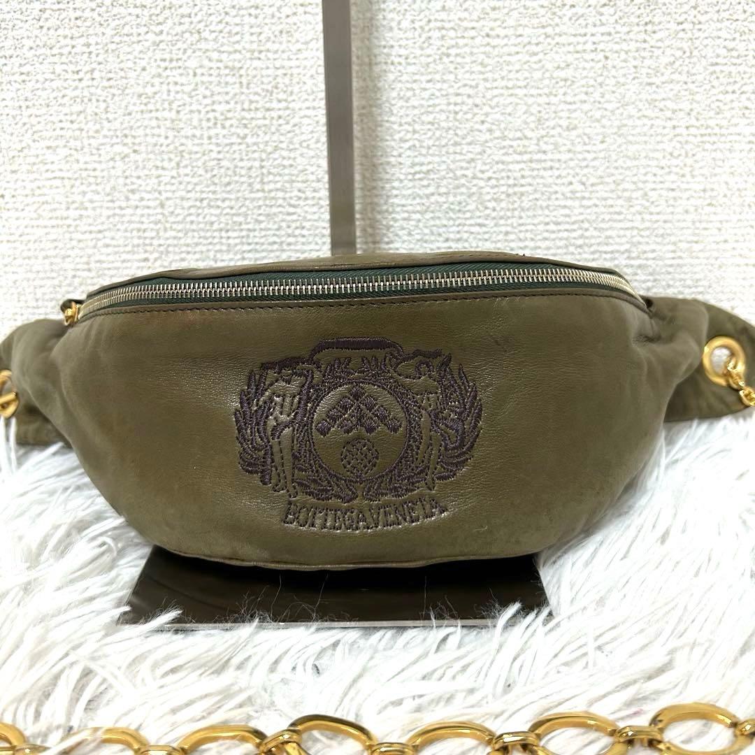 【希少✨ヴィンテージ/チェーン】ボッテガヴェネタ　ボディバッグ　カーキ　本革　金