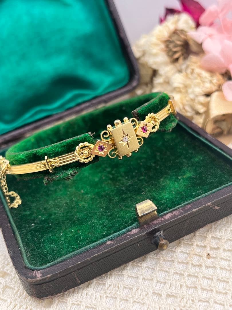 うさぎのななちゃん 英国アンティーク ルビーダイヤ 金 バングル オリジナ