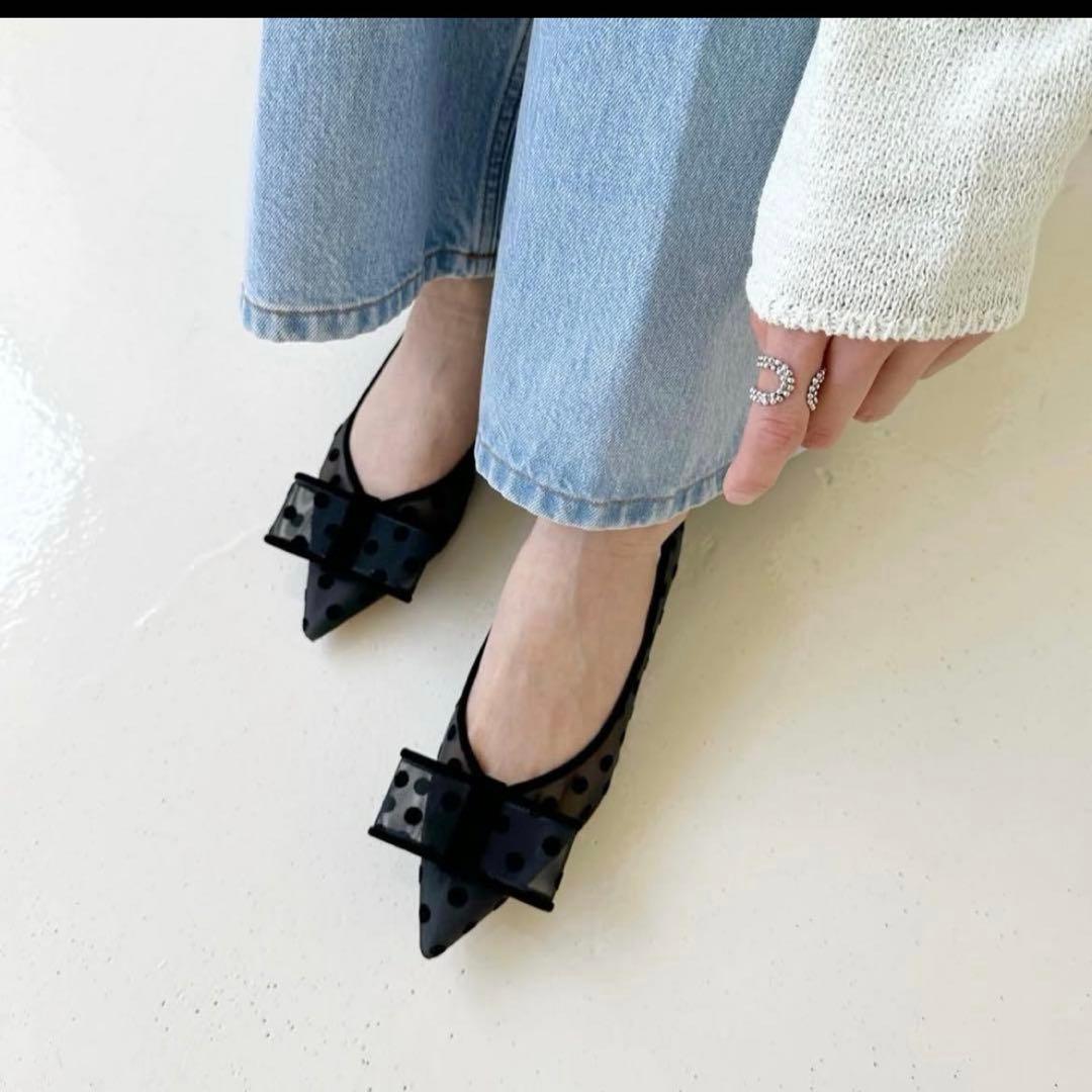 【新品未使用】ルタロン　チュール　リボン　フラット　ポインテッドトゥ　黒