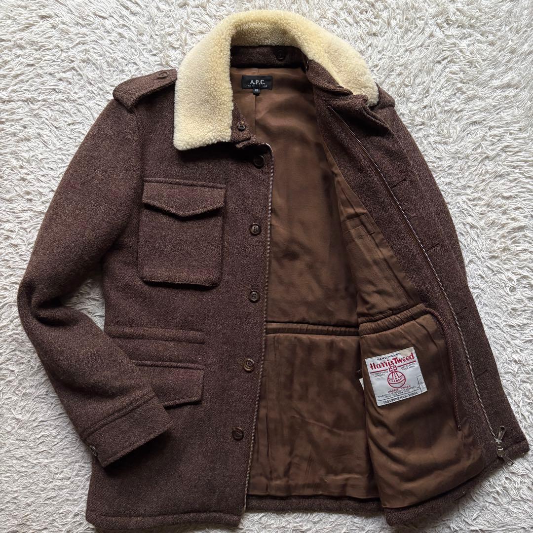 ★L相当★ APC ハリスツイード 比翼 ブルゾン ボア取り外し可 ダブルジップ
