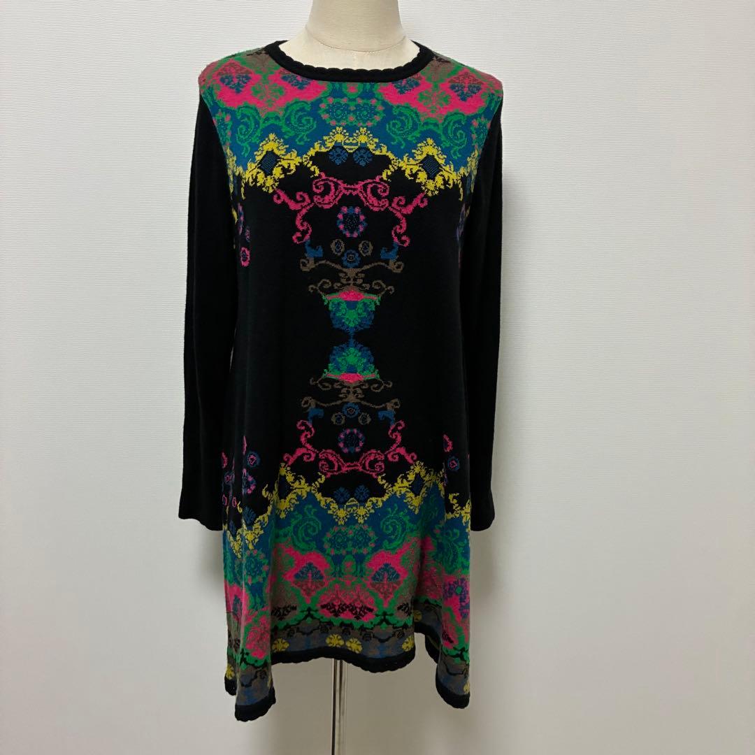 TOKUKO カラフル模様 長袖チュニック　ニットワンピース　9号　昭和レトロ