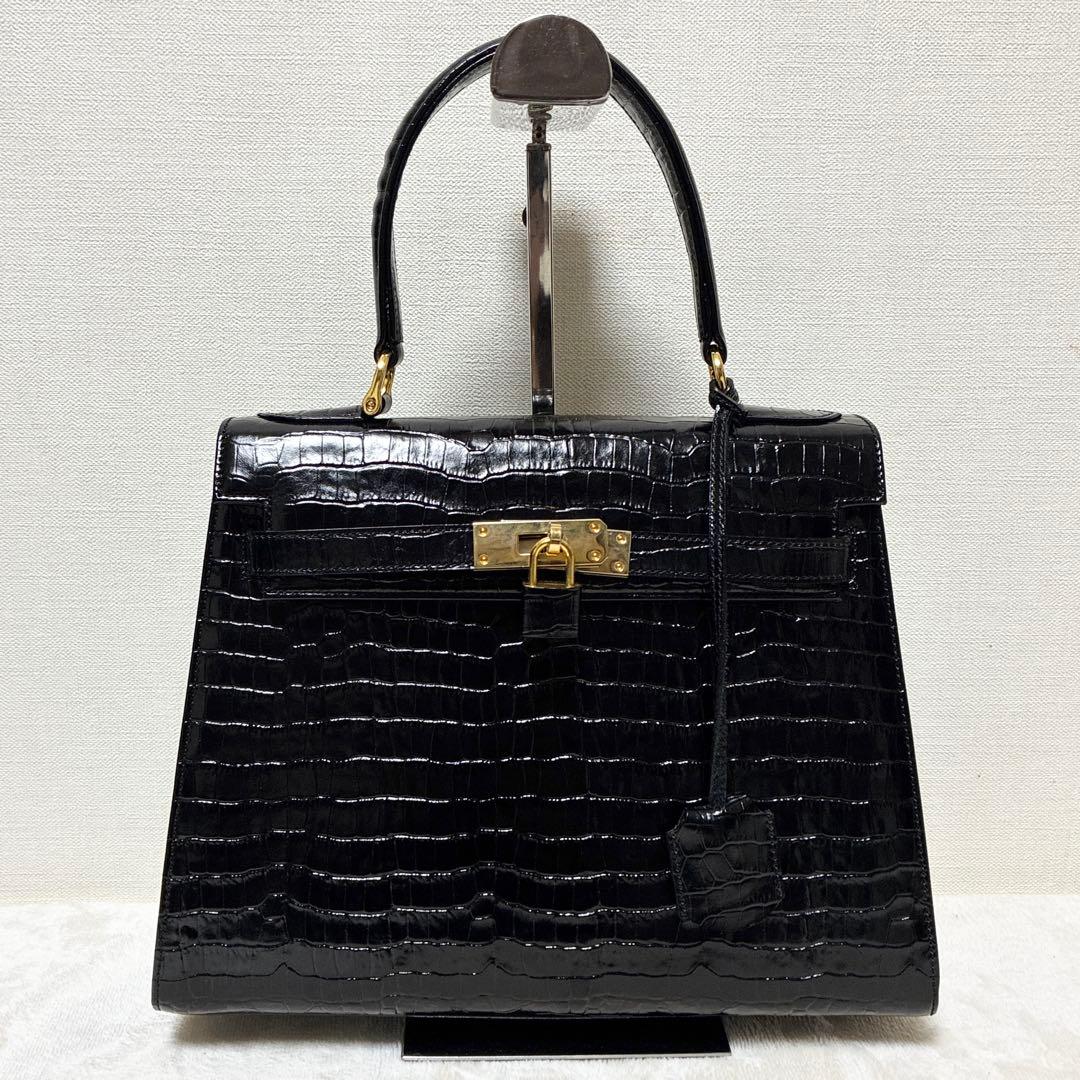 美品 M&K TOKYO クロコダイル シャイニング センター ハンドバッグ 黒