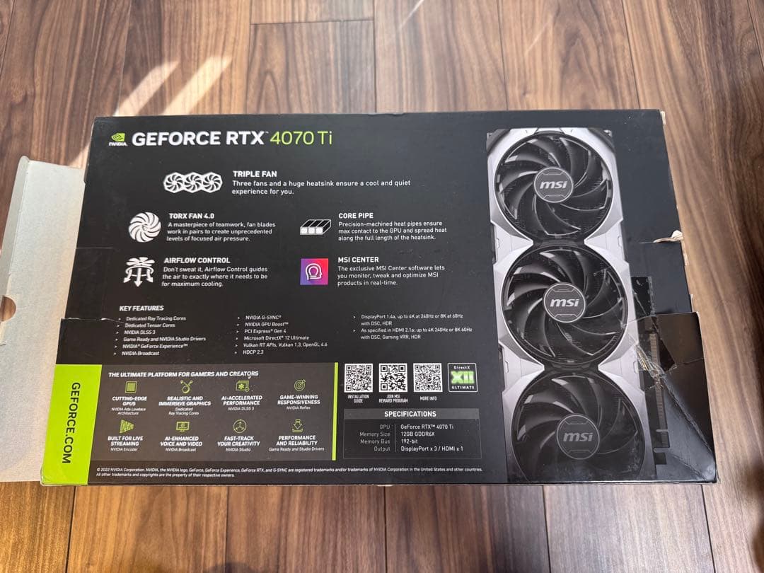 動作確認済　MSI GeForce RTX 4070 Ti グラフィックボード