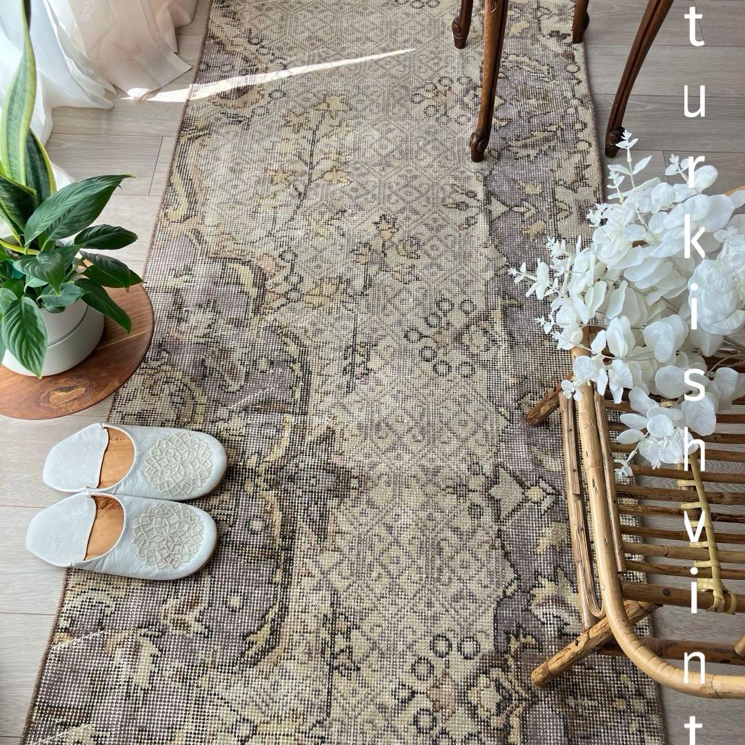 3m超ロング／76×297 グレー　メダリオンランナー　トルコヴィンテージラグ