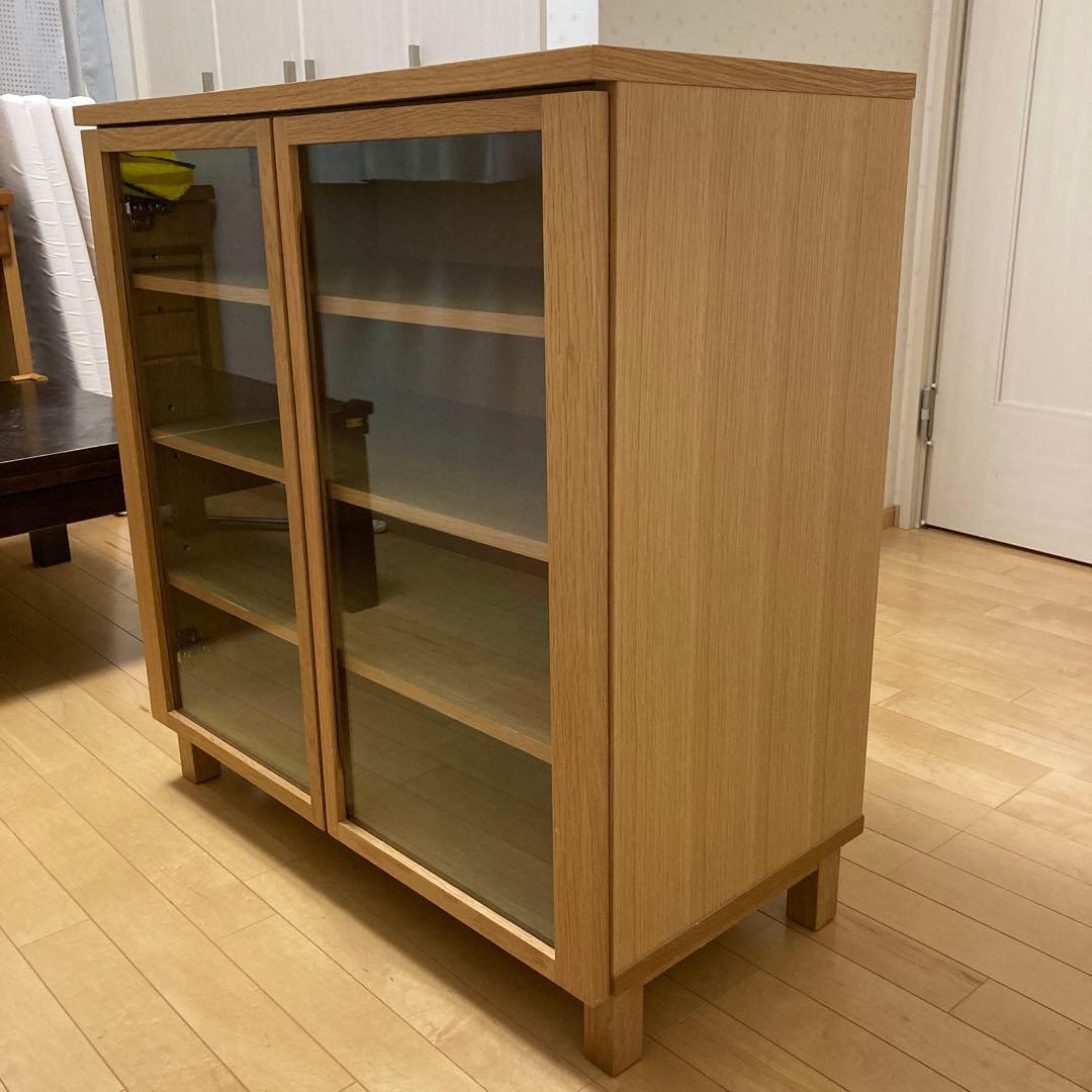 無印良品 キャビネット ガラス扉 観音開き 脚付　天然木 オーク材