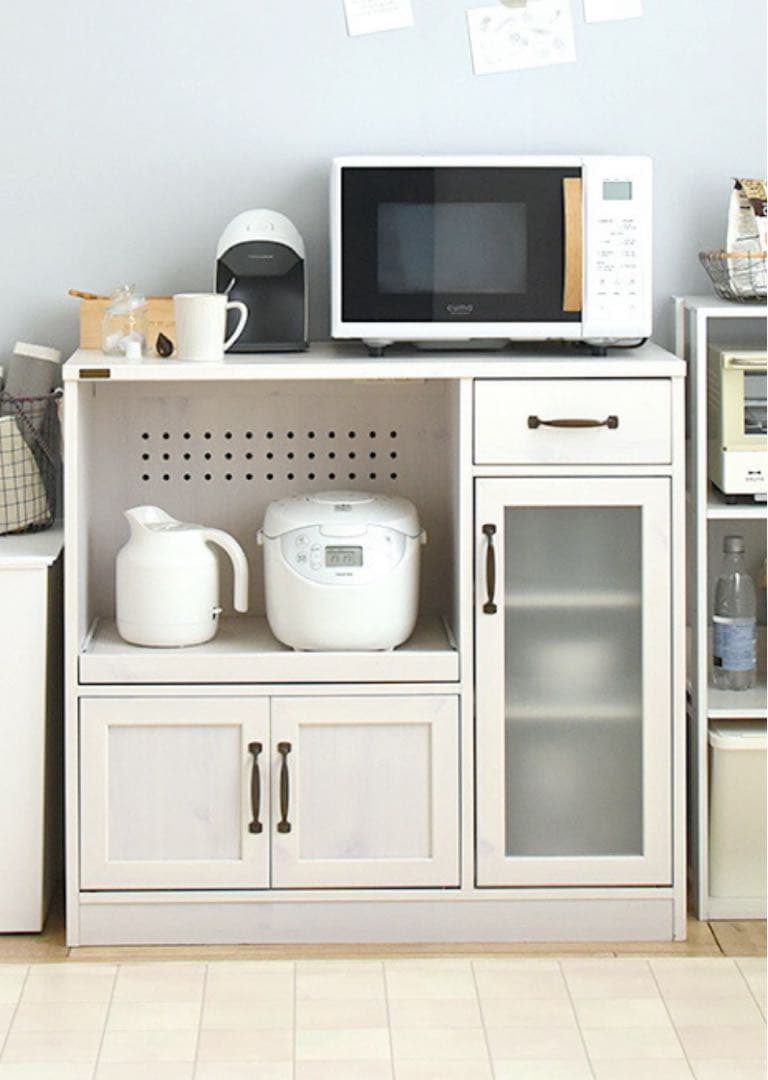 【即購入OK】食器棚 レンジ台 ロータイプ スライド棚付き ホワイト