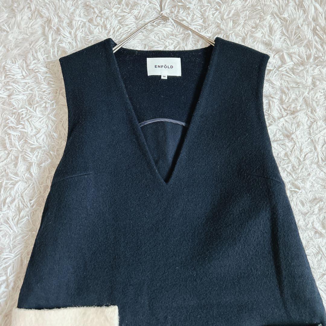 美品⁂エンフォルド⁂ メルトンオーバーパッチワークポケットワンピース　紺色　M