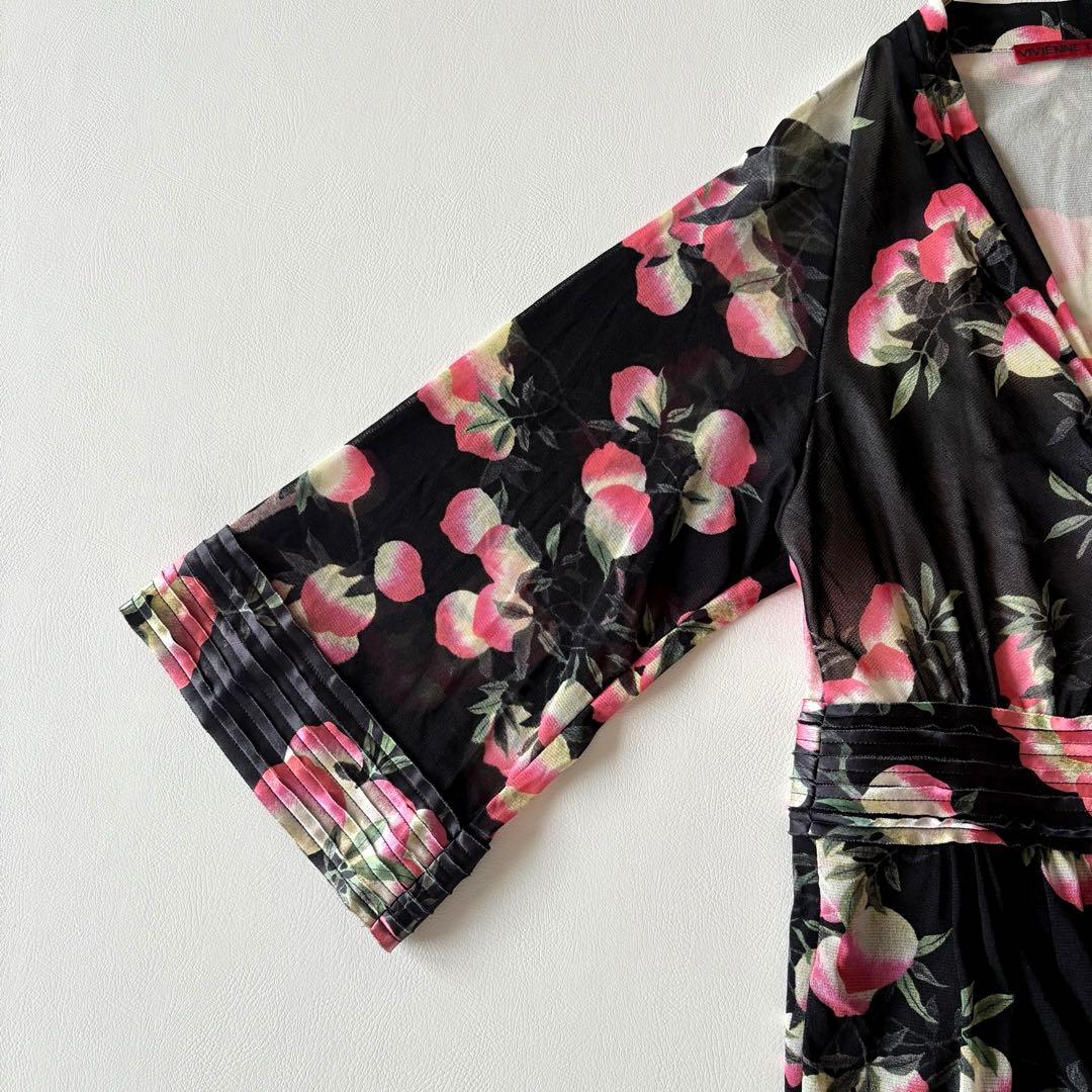■美品ヴィヴィアンタムパワーネットＶネック花柄ワンピース着物風ワイドスリーブ