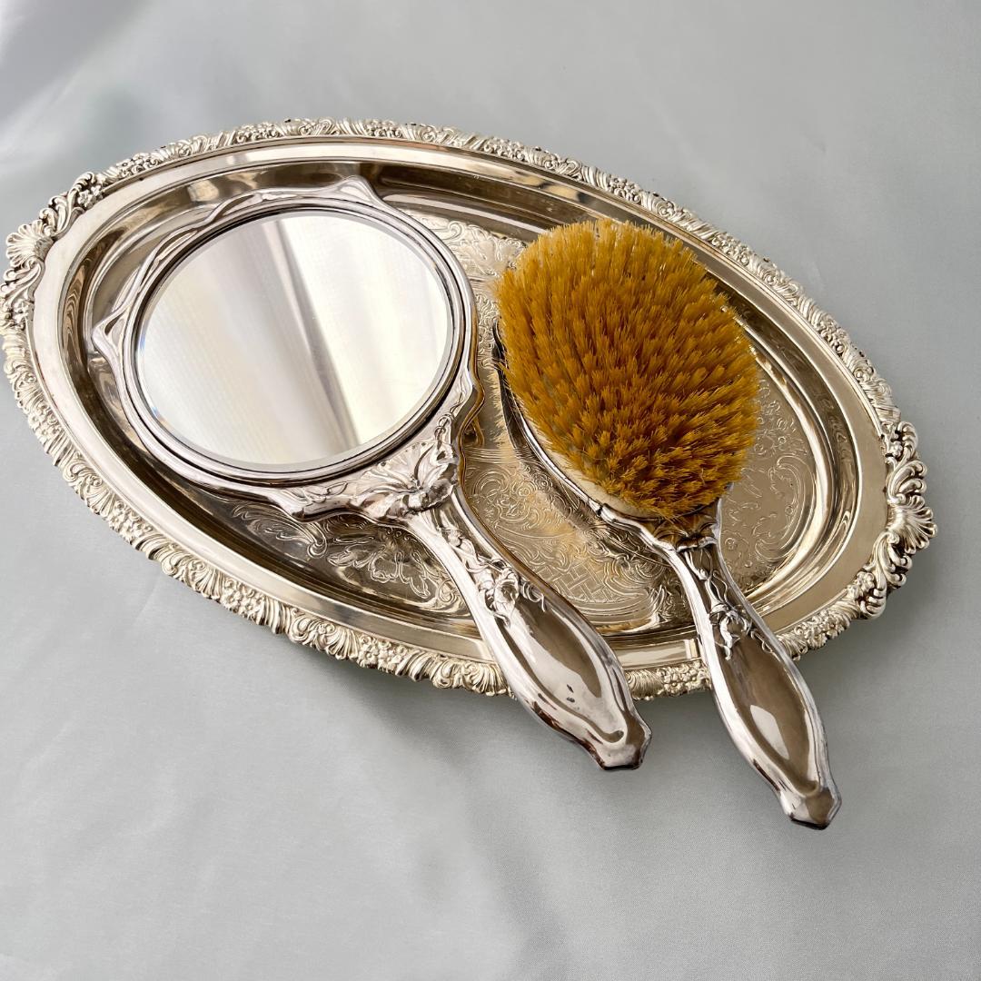 【Wallace】アール・ヌーボーのミラー/ ブラシ【シルバープレート】