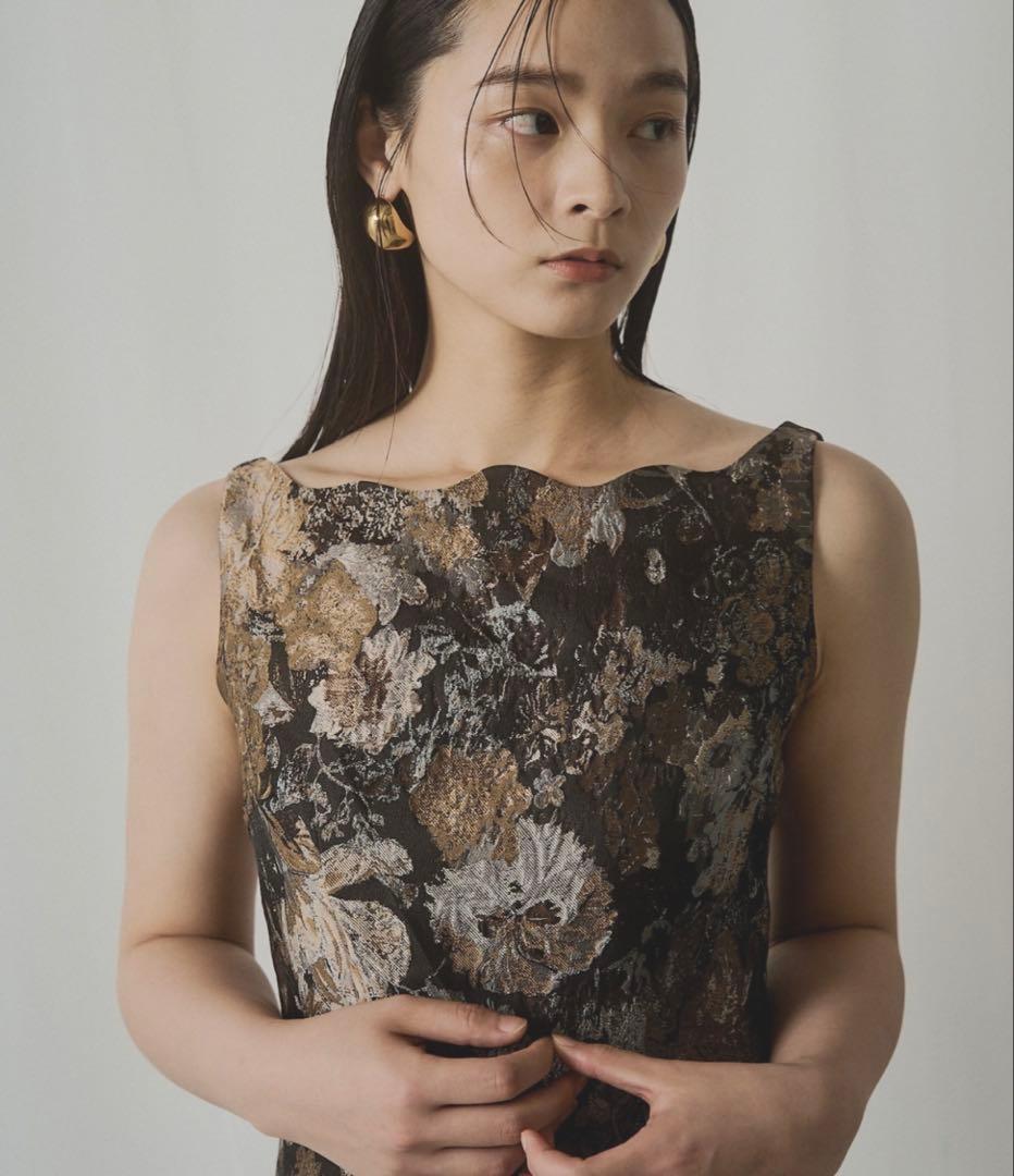 【美品】LE'RURE_ジャガードドレス/ブラウン×ゴールド／値札つき