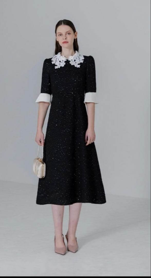 美品✨️Leja 花柄レースカラースパンコール刺繍Aラインフレアドレスワンピース