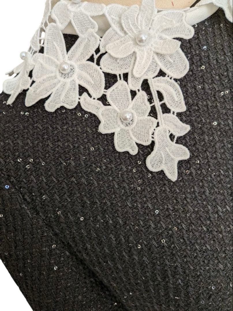 美品✨️Leja 花柄レースカラースパンコール刺繍Aラインフレアドレスワンピース