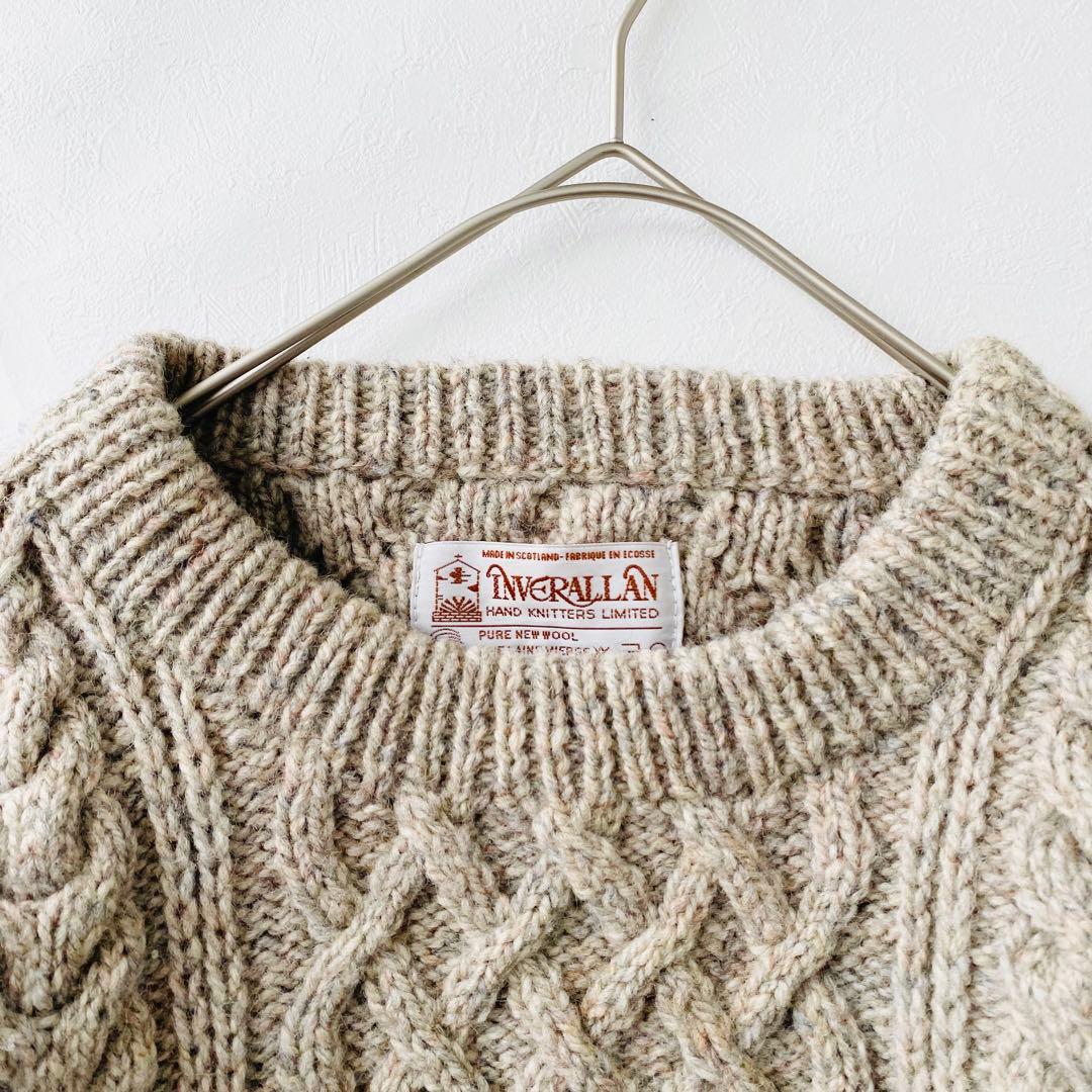 3194A【希少美品】インバーアラン 茶タグ ハンドニットクルーネック ベージュ