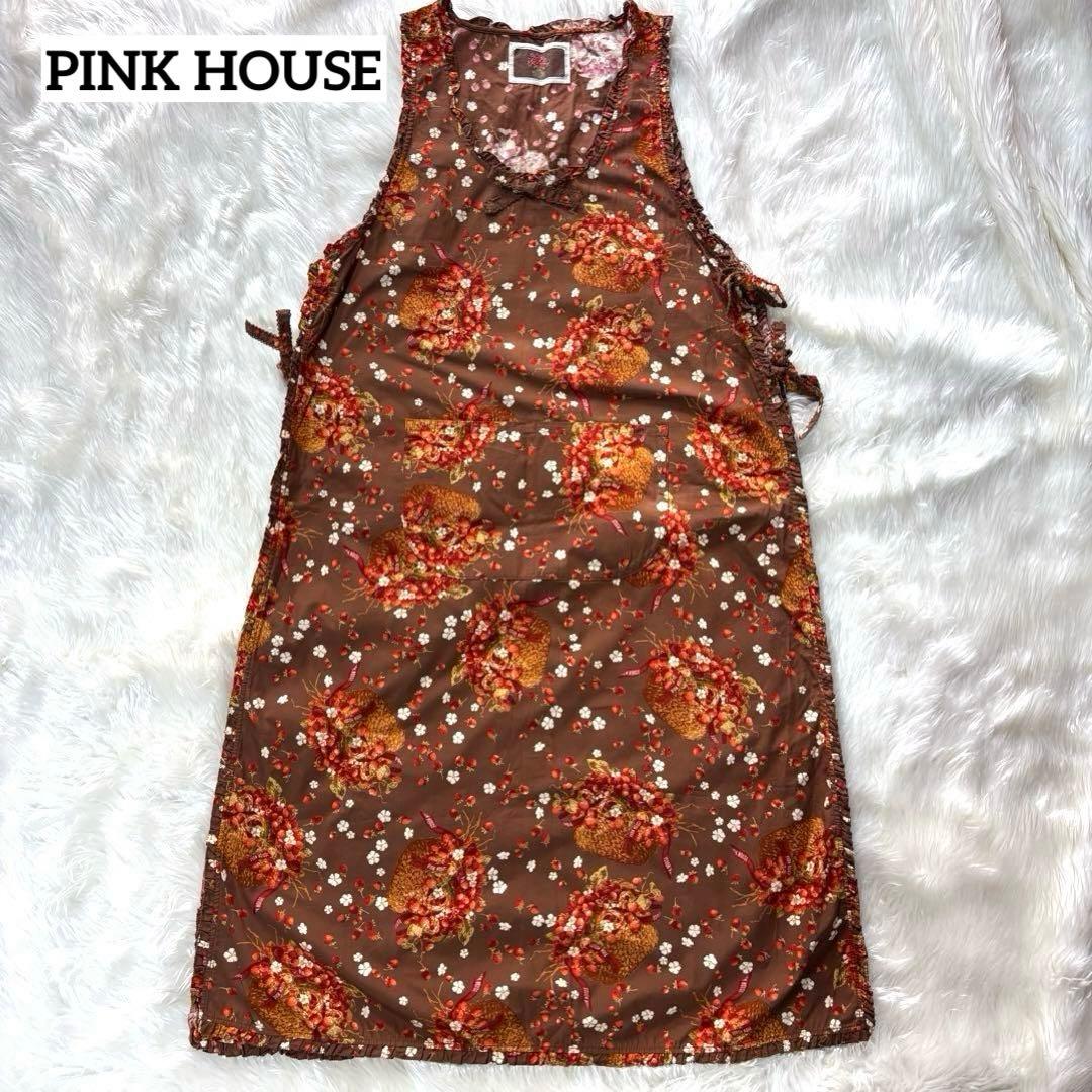 美品✨ピンクハウス 苺 エプロンワンピース 総柄