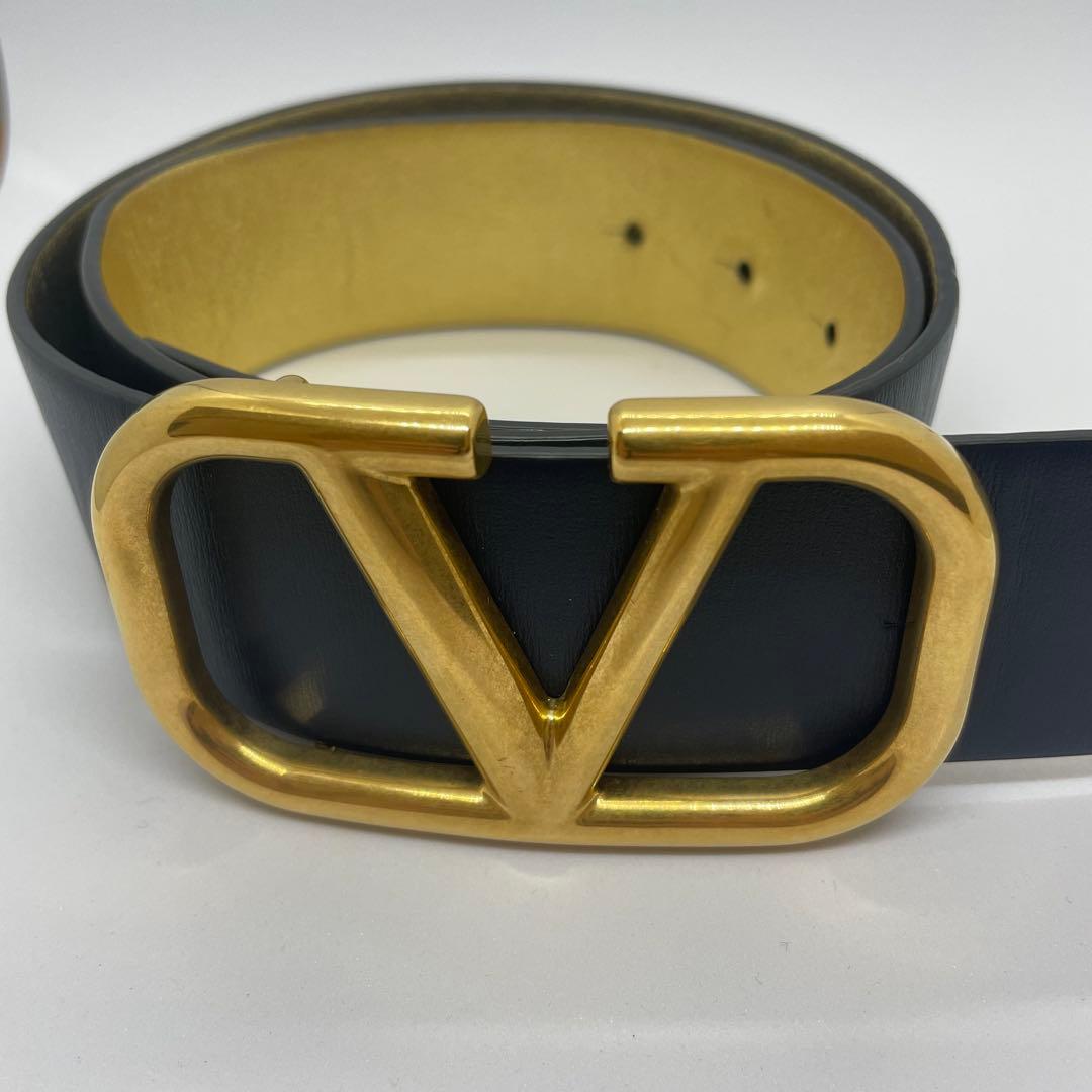 VALENTINO GARAVANI 黒レザー V字型バックル ベルト ゴールド