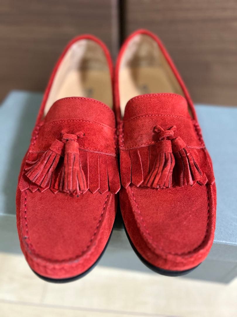 【美品】BOEMOS メンズ 赤 スエードフリンジ モカシン 25.5㎝