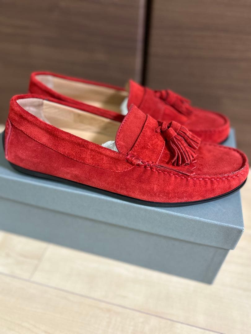 【美品】BOEMOS メンズ 赤 スエードフリンジ モカシン 25.5㎝