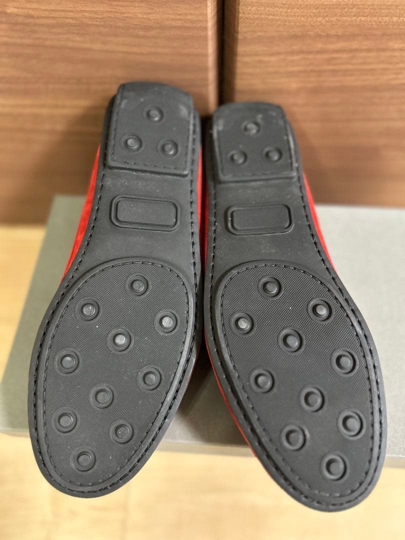 【美品】BOEMOS メンズ 赤 スエードフリンジ モカシン 25.5㎝