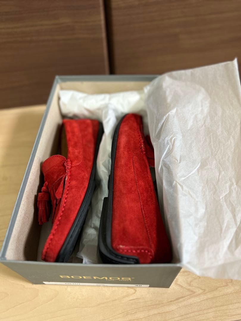 【美品】BOEMOS メンズ 赤 スエードフリンジ モカシン 25.5㎝