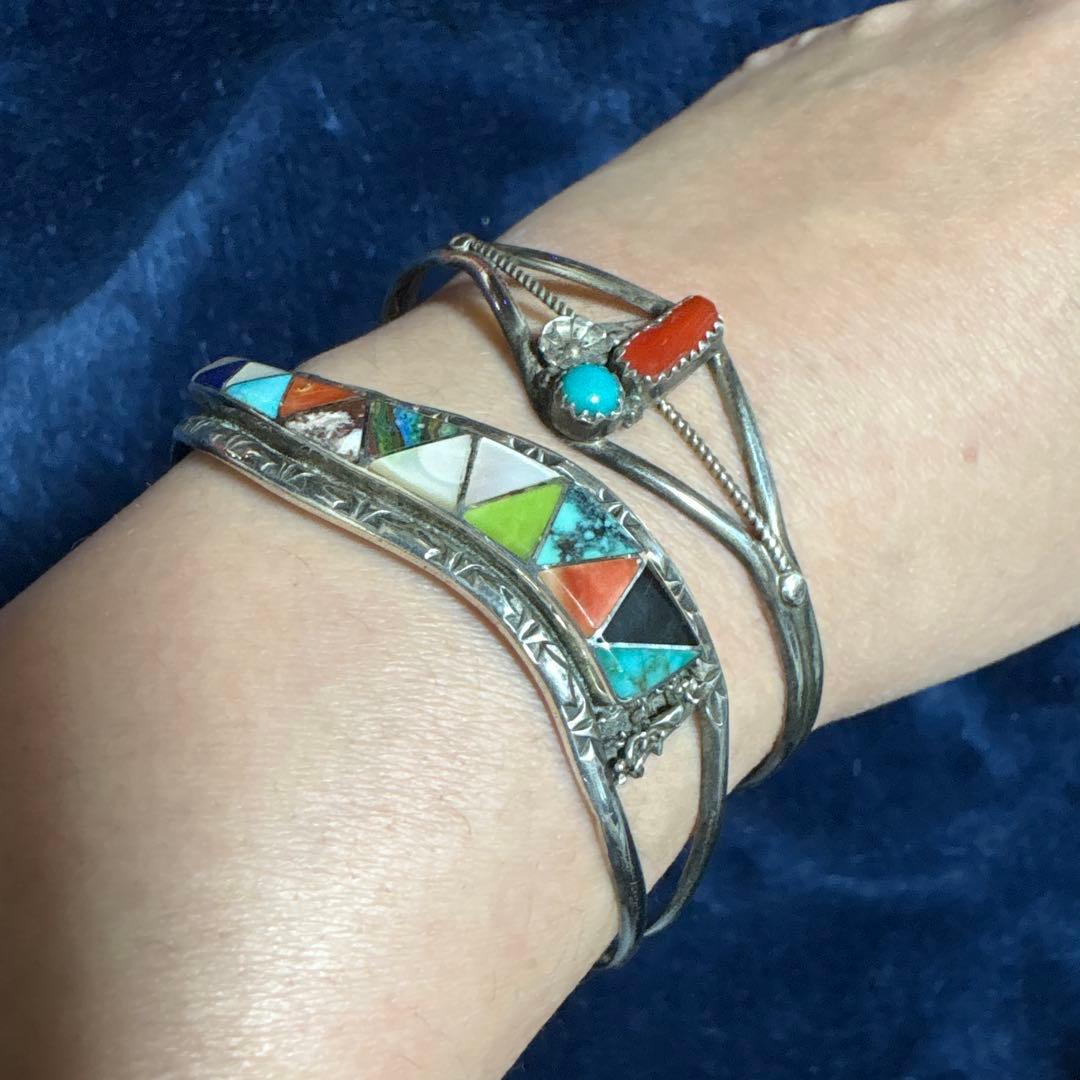 メ*コ様 ズニ族刻印 インディアンジュエリー インレイ バングル 2本セット 9