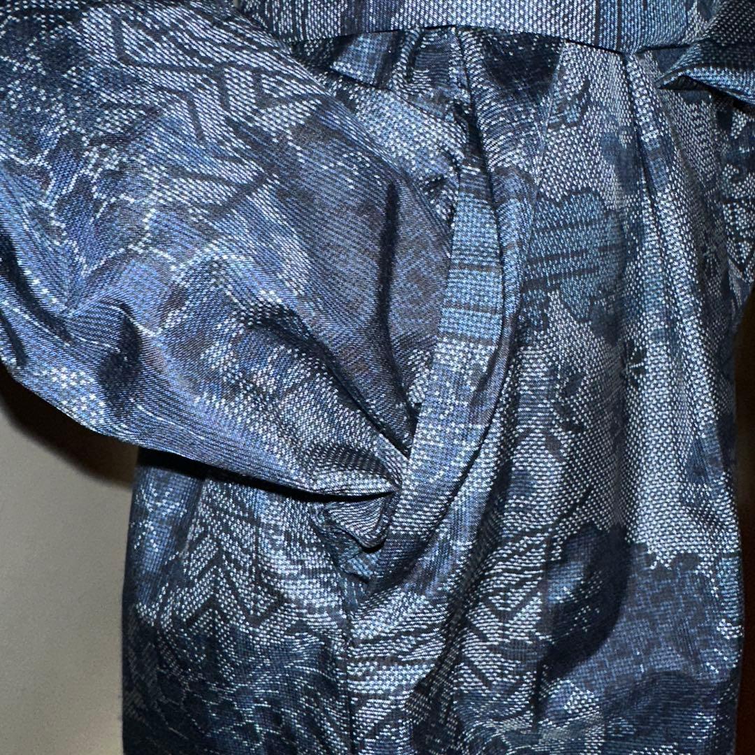 大島紬ネイビー系柄物ビックシャツワンピース　シルク100% XLサイズ未使用着物