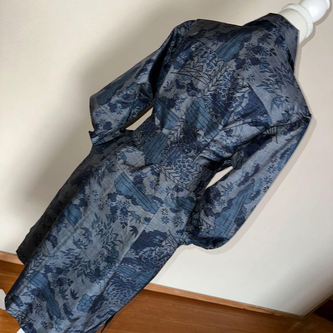 大島紬ネイビー系柄物ビックシャツワンピース　シルク100% XLサイズ未使用着物