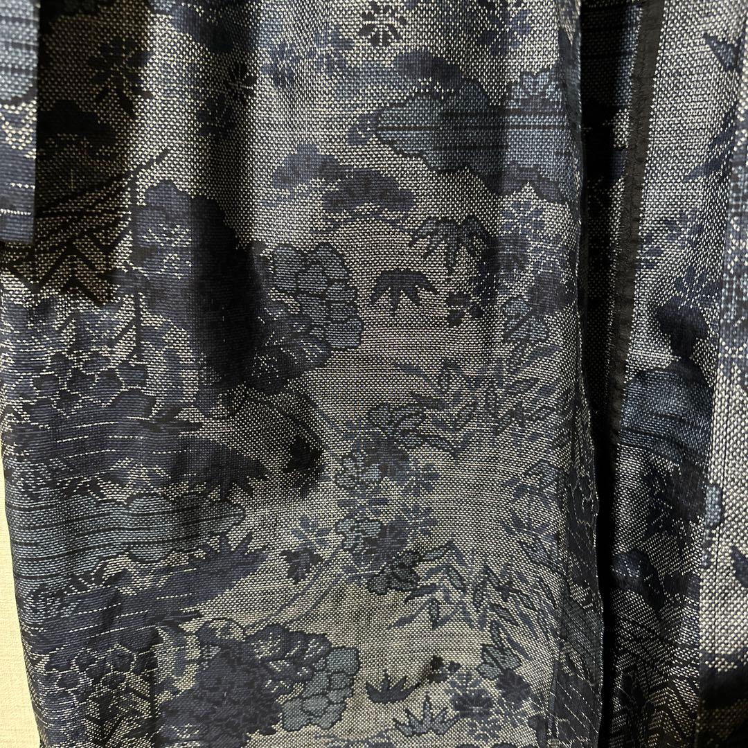 大島紬ネイビー系柄物ビックシャツワンピース　シルク100% XLサイズ未使用着物