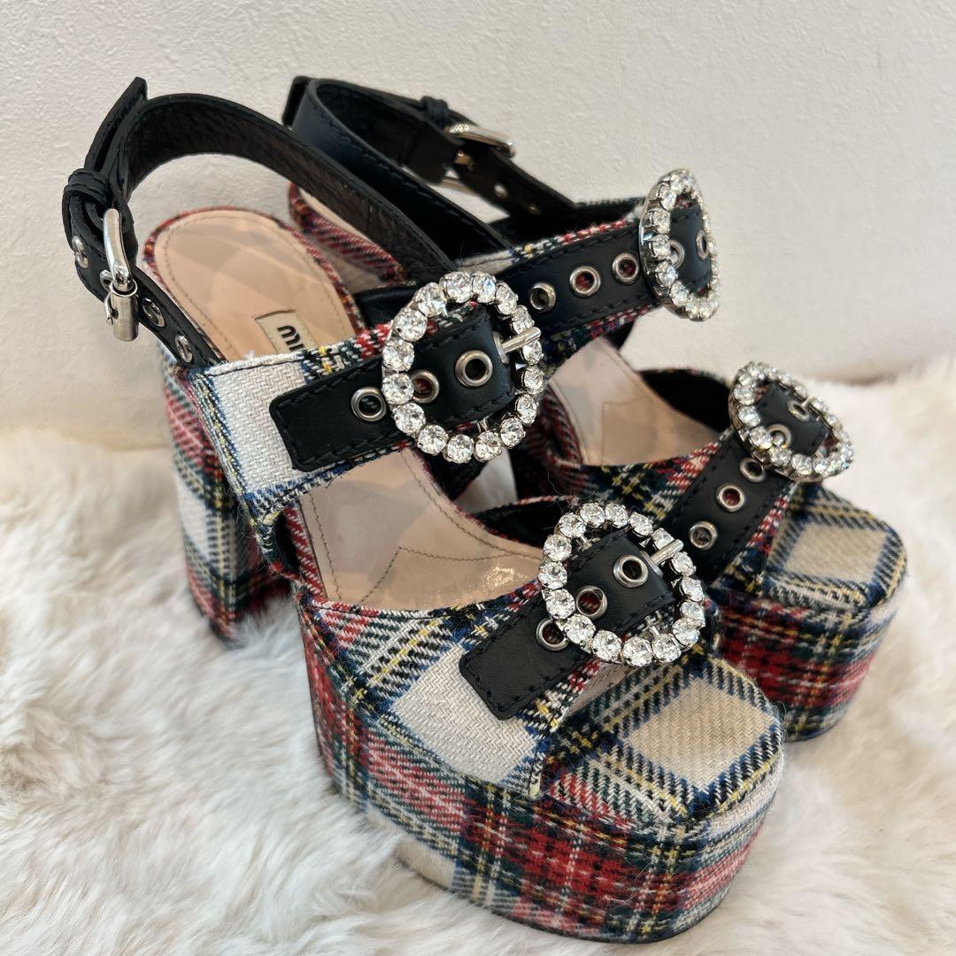 美品　miu miu ミュウミュウ 厚底 サンダル ビジュー チェック柄 36
