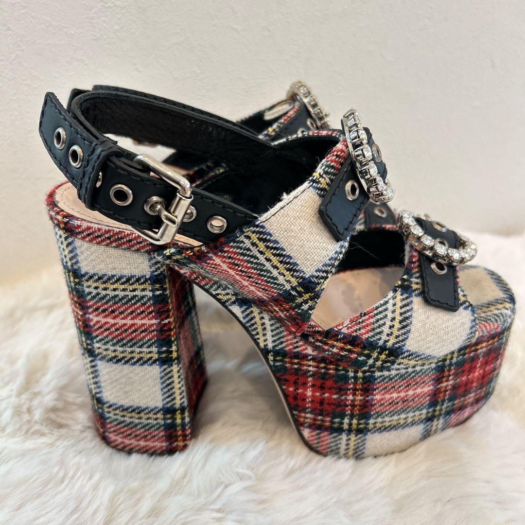美品　miu miu ミュウミュウ 厚底 サンダル ビジュー チェック柄 36
