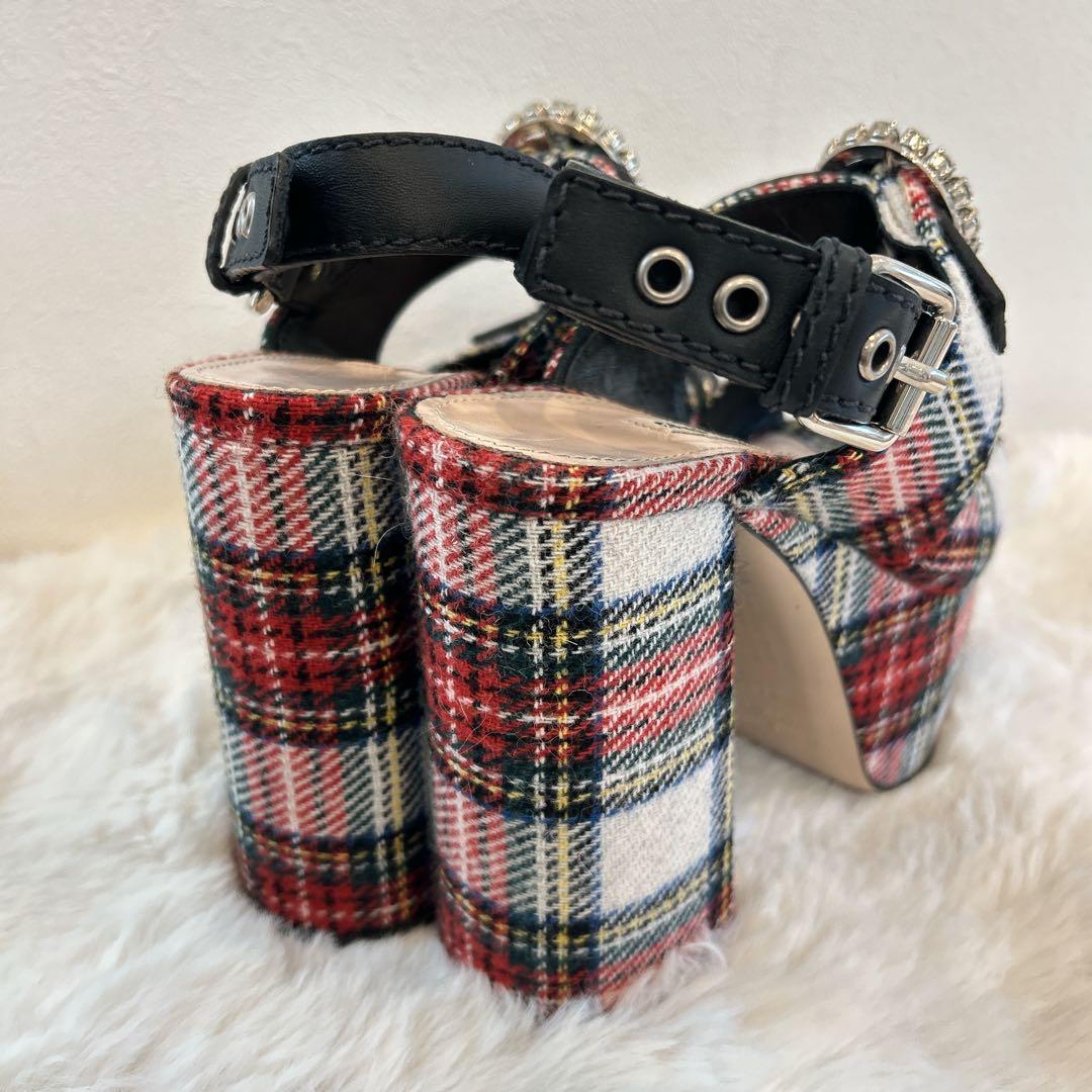 美品　miu miu ミュウミュウ 厚底 サンダル ビジュー チェック柄 36
