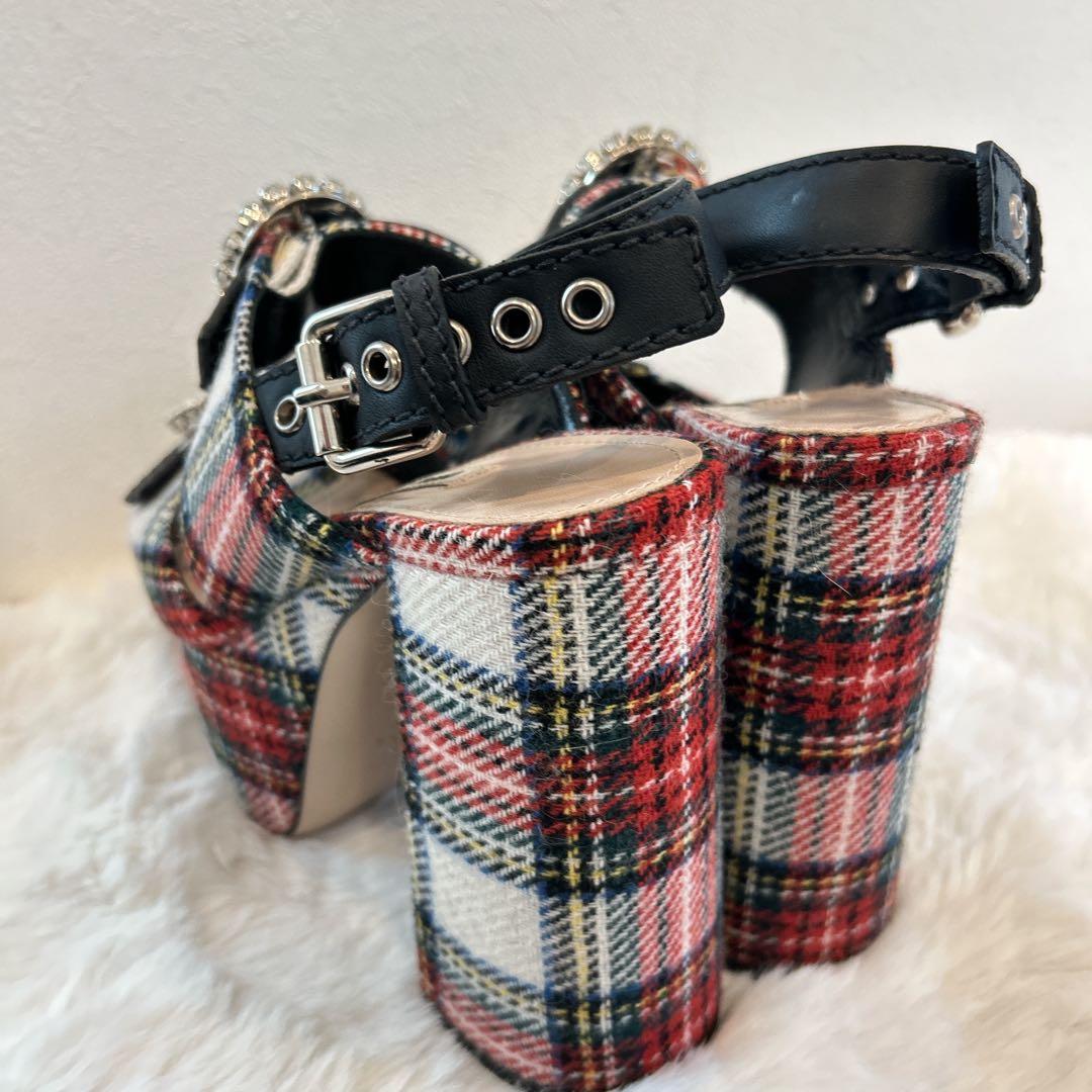 美品　miu miu ミュウミュウ 厚底 サンダル ビジュー チェック柄 36