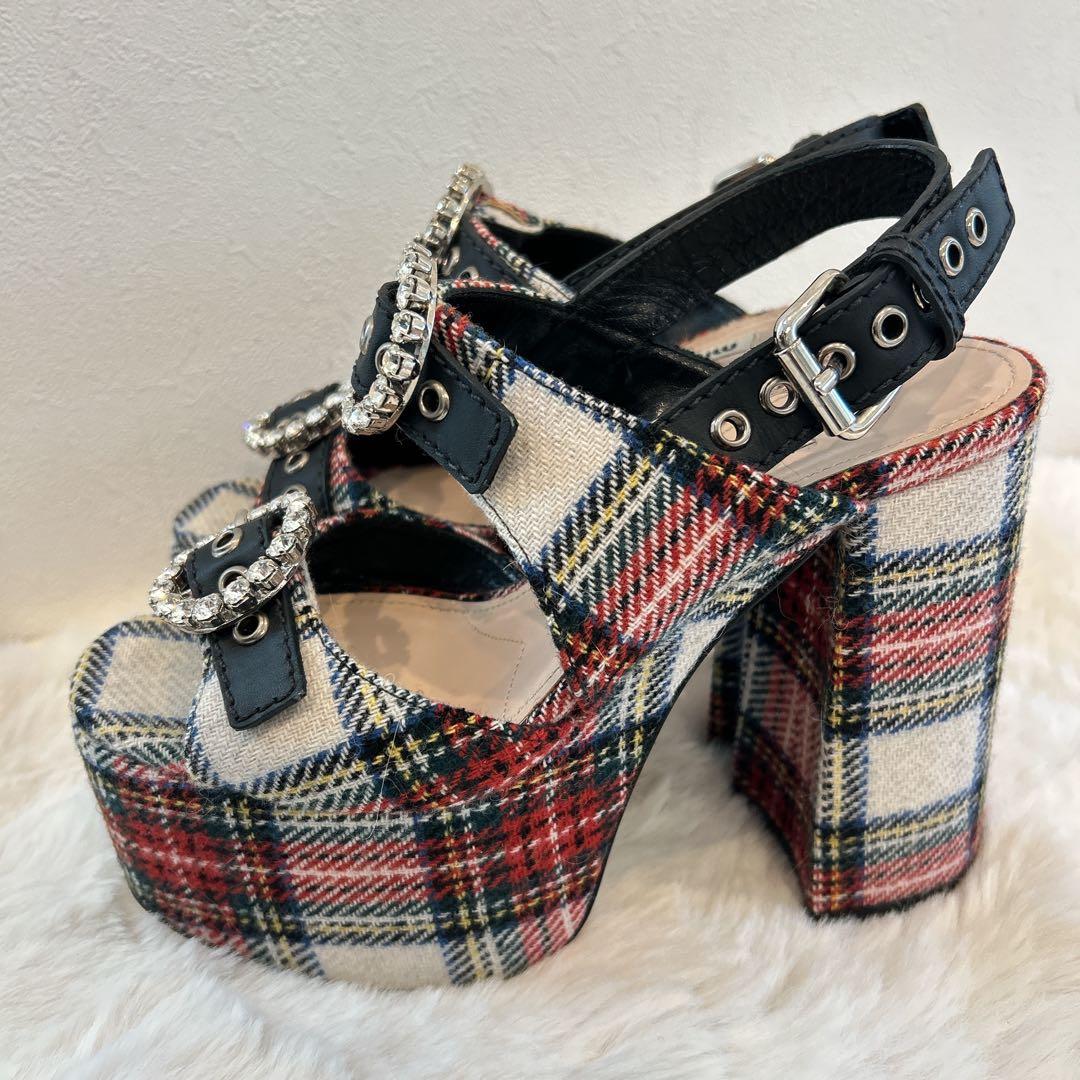 美品　miu miu ミュウミュウ 厚底 サンダル ビジュー チェック柄 36
