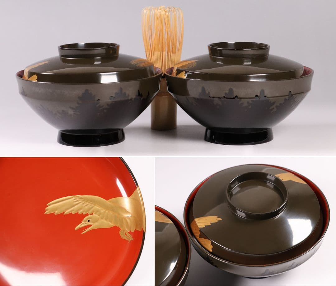 CL14 時代木製漆器 森に鳥 金蒔絵 吸物椀 二客 黒塗 朱塗 闇絵