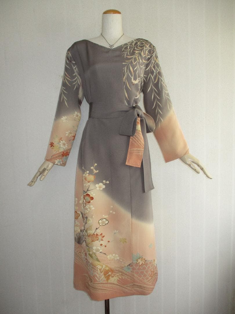 L～2Ｌサイズ　訪問着からの着物リメイクドレスです　着丈１２１cm