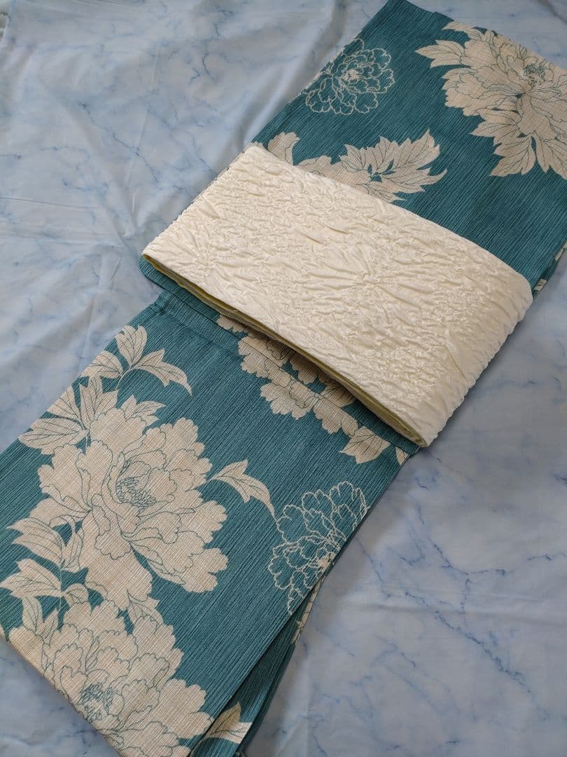 ✿新品未使用　綿麻浴衣　ターコイズブルー　高級浴衣　碧色　牡丹　夏着物